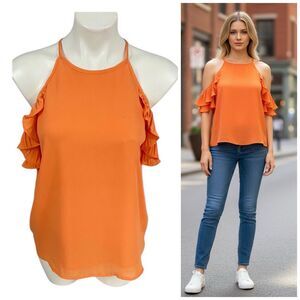 Shinestar Top Womens Small Orange Ruffle Fall Harvest Cold Shoulder Work Office